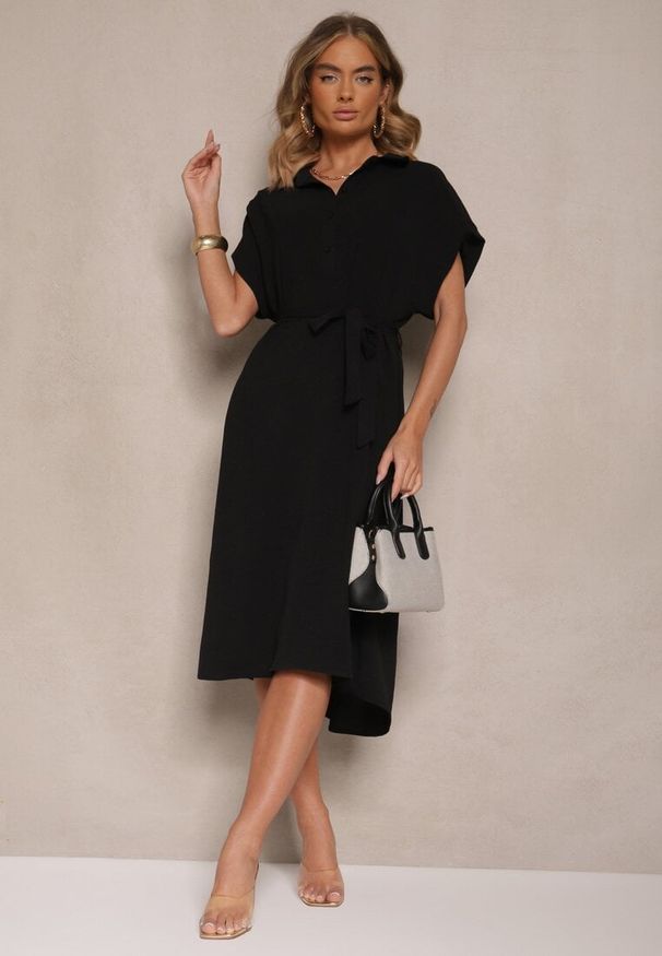 Renee - Czarna Pudełkowa Sukienka z Bawełną i Paskiem Savorienne. Okazja: na co dzień. Kolor: czarny. Materiał: bawełna. Styl: elegancki, casual