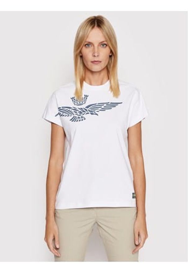 Biały t-shirt z logiem Aeronautica Militare. Kolor: biały. Materiał: bawełna, elastan