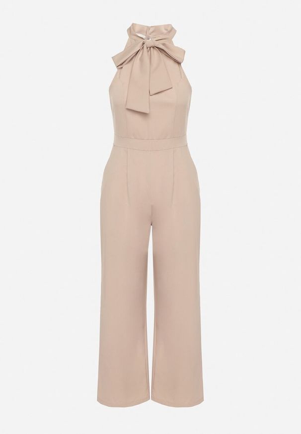 Born2be - Beżowy Kombinezon Bez Rękawów z Ozdobnym Wiązaniem i Szerokimi Nogawkami Silarine. Okazja: na co dzień. Kolor: beżowy. Materiał: jeans. Długość rękawa: bez rękawów. Styl: casual, elegancki, sportowy, klasyczny