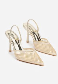 Renee - Złote Sandały na Szpilce z Siateczkowym Noskiem z Aplikacją z Perełek Aurifera. Okazja: na co dzień. Zapięcie: bez zapięcia. Kolor: złoty. Materiał: satyna, skóra, jeans. Wzór: aplikacja. Obcas: na szpilce. Styl: casual #4