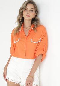 Born2be - Pomarańczowa Koszula z Podpinanymi Rękawami i Perełkami Dorval. Kolor: pomarańczowy. Materiał: materiał. Długość rękawa: długi rękaw. Długość: długie. Wzór: gładki #1