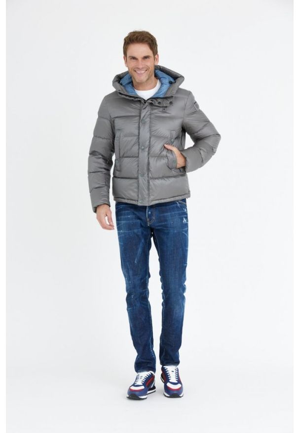 Blauer USA - BLAUER Stalowa puchowa kurtka męska Tracy z kapturem, Rozmiar L. Typ kołnierza: kaptur. Kolor: srebrny. Materiał: puch