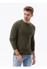 Ombre Clothing - Sweter męski E121 - oliwkowy - XXL. Okazja: na co dzień. Kolor: oliwkowy. Materiał: bawełna. Styl: casual, klasyczny, elegancki