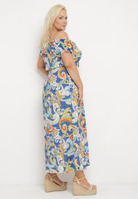 Born2be - Niebieska Letnia Sukienka Bawełniana z Wzorem Paisley z Hiszpańskim Dekoltem Piemira. Kolor: niebieski. Materiał: bawełna. Wzór: paisley. Sezon: lato