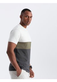 Ombre Clothing - T-shirt męski trójkolorowy w szerokie pasy - kremowo-grafitowy V6 OM-TSCT-0152 - XXL. Okazja: na co dzień. Kolor: szary. Materiał: bawełna, materiał. Wzór: aplikacja. Styl: casual #3