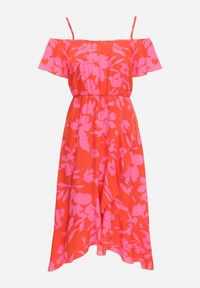 Born2be - Czerwono-Różowa Rozkloszowana Sukienka Midi Hiszpanka w Kwiaty Mirentta. Typ kołnierza: dekolt hiszpanka. Kolor: czerwony. Wzór: kwiaty. Typ sukienki: rozkloszowane. Styl: boho. Długość: midi #6