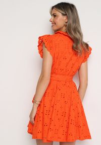 Born2be - Pomarańczowa Ażurowa Rozkloszowana Sukienka z Bawełny na Guziki Caldea. Kolor: pomarańczowy. Materiał: bawełna. Długość rękawa: krótki rękaw. Wzór: ażurowy. Styl: klasyczny, elegancki #4