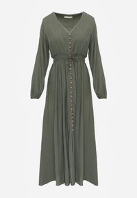 Born2be - Zielona Rozkloszowana Sukienka z Lnem i Wiskozą Zdobiona Guzikami Maitiella. Okazja: na co dzień. Typ kołnierza: dekolt w kształcie V. Kolor: zielony. Materiał: wiskoza, len. Długość rękawa: długi rękaw. Wzór: aplikacja. Sezon: wiosna, lato. Styl: casual, elegancki #3