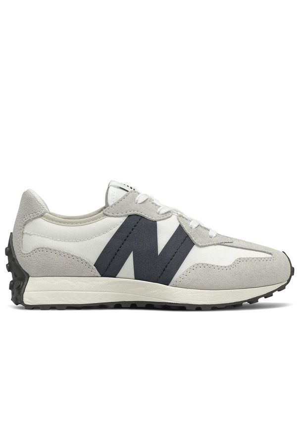 Buty młodzieżowe New Balance GS327FE - szare. Okazja: na co dzień. Zapięcie: sznurówki. Kolor: szary. Materiał: zamsz, materiał, syntetyk, guma. Szerokość cholewki: normalna. Sezon: lato