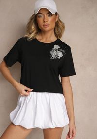 Renee - Czarny Bawełniany T-shirt z Ozdobnym Nadrukiem i Cyrkoniami Teomala. Kolor: czarny. Materiał: bawełna. Wzór: nadruk. Styl: klasyczny, elegancki