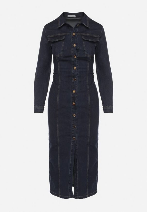 Born2be - Granatowa Jeansowa Sukienka Koszulowa o Taliowanym Kroju Neveala. Okazja: na co dzień. Kolor: niebieski. Materiał: jeans. Typ sukienki: koszulowe. Styl: casual, klasyczny. Długość: midi