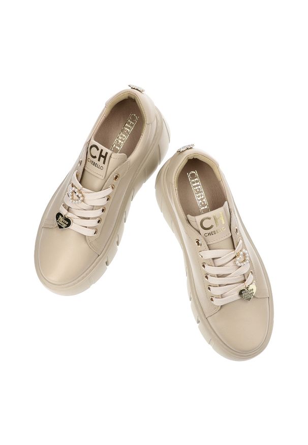 CheBello - Beżowe Sneakersy Chebello Wygodne Obuwie Damskie. Zapięcie: sznurówki. Kolor: beżowy. Materiał: skóra, materiał. Styl: elegancki