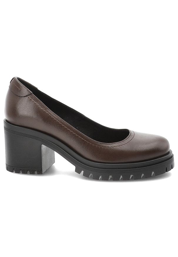 Półbuty damskie Armodo, eleganckie na klocku skórzane z okrągłym noskiem i wsuwane, czekoladowe, 20194-S. Okazja: na co dzień, na spacer. Nosek buta: okrągły. Zapięcie: bez zapięcia. Kolor: brązowy. Materiał: skóra. Sezon: jesień, wiosna. Obcas: na obcasie. Styl: elegancki. Wysokość obcasa: średni