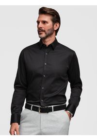 Ombre Clothing - Klasyczna koszula męska SLIM FIT z satynowej tkaniny – czarna V4 - Rozmiar: L. Okazja: na spotkanie biznesowe, na co dzień. Typ kołnierza: kołnierzyk klasyczny. Kolor: czarny. Materiał: tkanina, satyna. Wzór: gładki. Styl: klasyczny