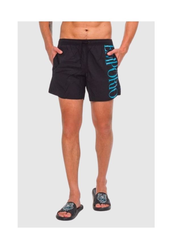 Emporio Armani - EMPORIO ARMANI Czarne męskie szorty kąpielowe z turkusowym logo, Rozmiar 50. Kolor: czarny. Materiał: poliester