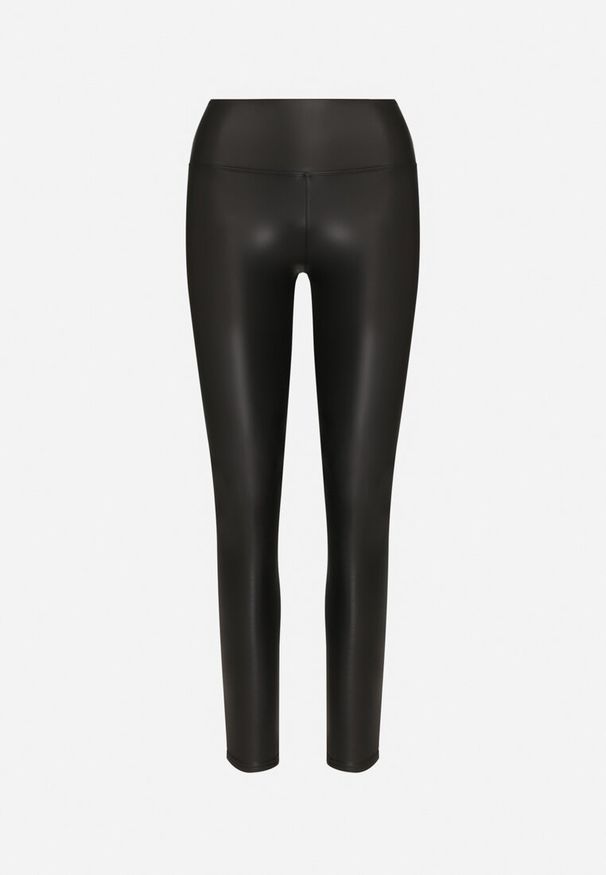 Born2be - Czarne Legginsy z Ekoskóry z Wysokim Stanem i Polarem Labira. Okazja: na co dzień. Stan: podwyższony. Kolor: czarny. Materiał: polar. Wzór: aplikacja. Styl: elegancki, casual