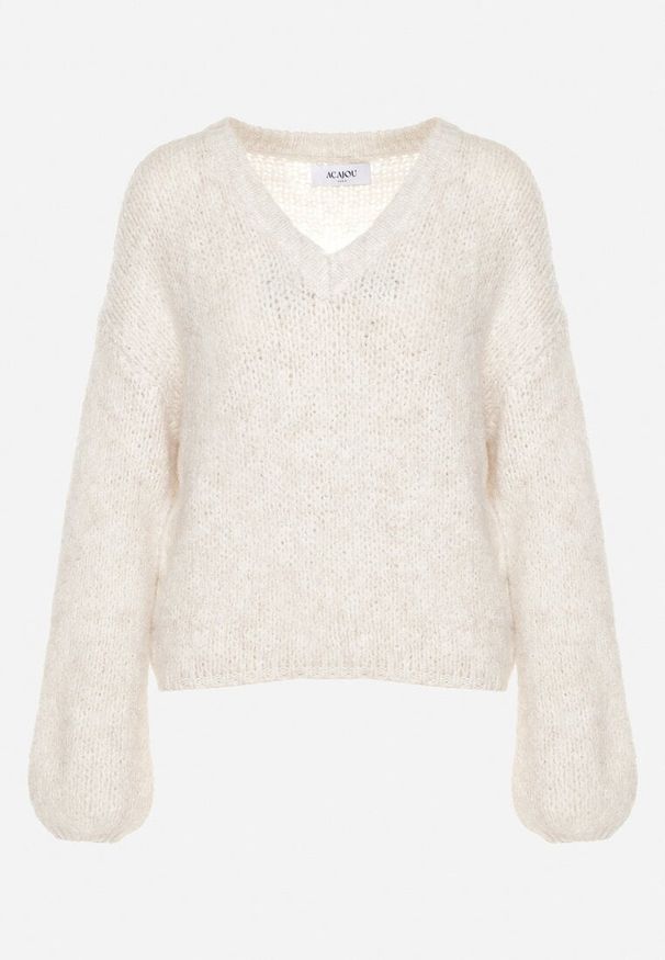 Born2be - Jasnobeżowy Sweter z Wełną i Rozszerzanymi Rękawami Sinara. Okazja: na co dzień. Kolor: beżowy. Materiał: wełna. Styl: klasyczny, elegancki, casual