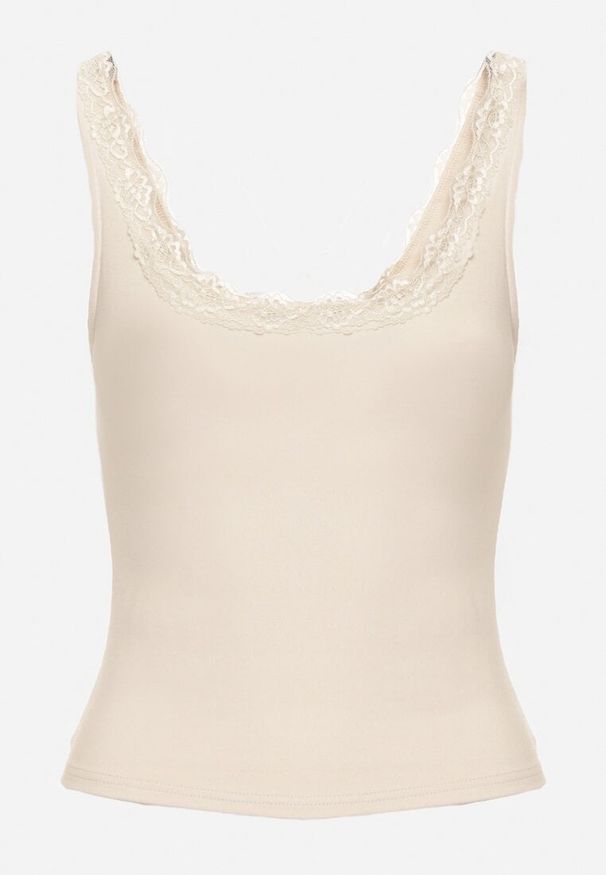 Born2be - Jasnobeżowy Bawełniany Top na Szerokich Ramiączkach Zdobiony Koronką Linenia. Okazja: na co dzień, do pracy. Kolor: beżowy. Materiał: bawełna, koronka. Długość rękawa: na ramiączkach. Wzór: aplikacja, koronka. Styl: klasyczny, casual