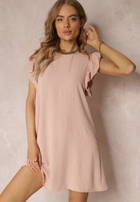 Renee - Różowa Sukienka Mini o Pudełkowym Kroju z Falbankami Ansha. Typ kołnierza: kołnierz z falbankami. Kolor: różowy. Materiał: tkanina. Wzór: gładki. Długość: mini #5
