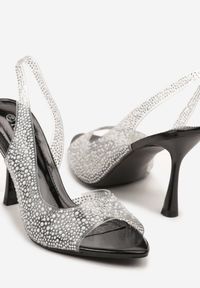 Renee - Czarne Przezroczyste Sandały na Szpilce Slingback Ozdobione Cyrkoniami Fodaria. Kolor: czarny. Wzór: aplikacja. Sezon: lato. Obcas: na szpilce. Styl: klasyczny. Wysokość obcasa: średni #4