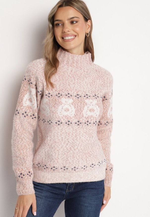 Born2be - Ciemnoróżowy Sweter z Wełną w Misiowy Wzór ze Ściągaczami Dorizelle. Okazja: na co dzień. Kolor: różowy. Materiał: wełna. Styl: klasyczny, casual