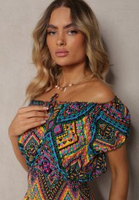 Renee - Żółto-Fioletowa Rozkloszowana Sukienka z Bawełny z Gumką w Talii Xenetta. Okazja: na co dzień. Typ kołnierza: dekolt w kształcie V. Kolor: żółty. Materiał: bawełna. Długość rękawa: krótki rękaw. Sezon: lato. Typ sukienki: rozkloszowane. Styl: elegancki, casual #4