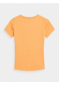4f - T-shirt slim z prążkowanej dzianiny damski. Kolor: pomarańczowy. Materiał: dzianina, prążkowany. Wzór: nadruk, haft #2