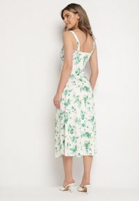 Born2be - Biało-Zielona Taliowana Sukienka w Kwiaty Ozdobiona Wiązaniem Firavire. Okazja: na co dzień. Kolor: zielony. Wzór: aplikacja, kwiaty. Sezon: wiosna, lato. Typ sukienki: sportowe. Styl: casual, sportowy #7