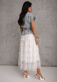 Renee - Jasnoniebieski Wiskozowo-Bawełniany Komplet Spódnica z Falbanami i Koszula z Wiązaniem Aethecea. Kolor: niebieski. Materiał: wiskoza, bawełna #6