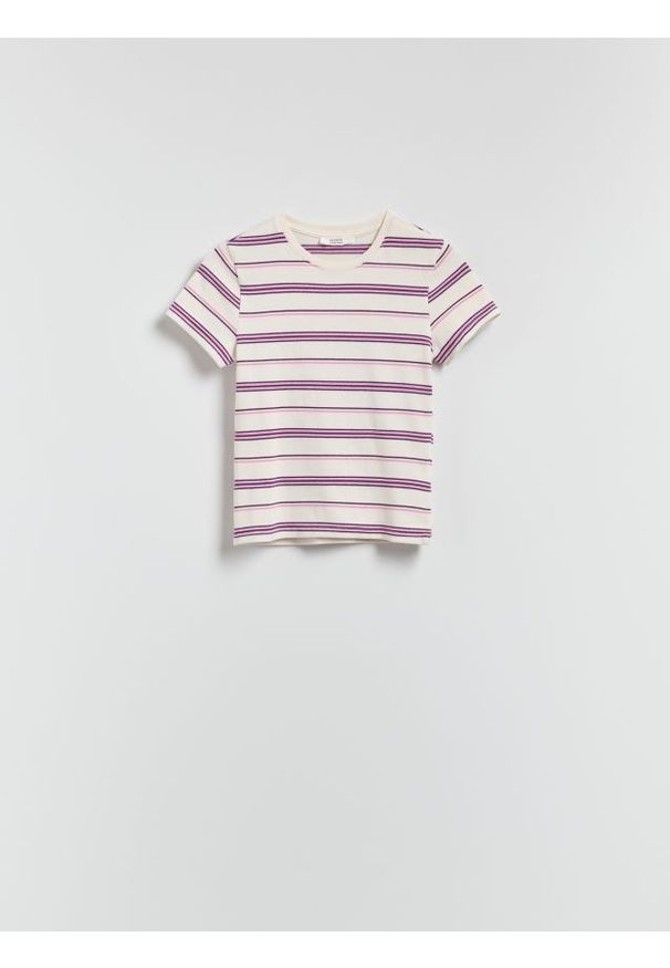 Reserved - T-shirt w paski - ciemnofioletowy. Kolor: fioletowy. Materiał: bawełna, dzianina. Wzór: paski