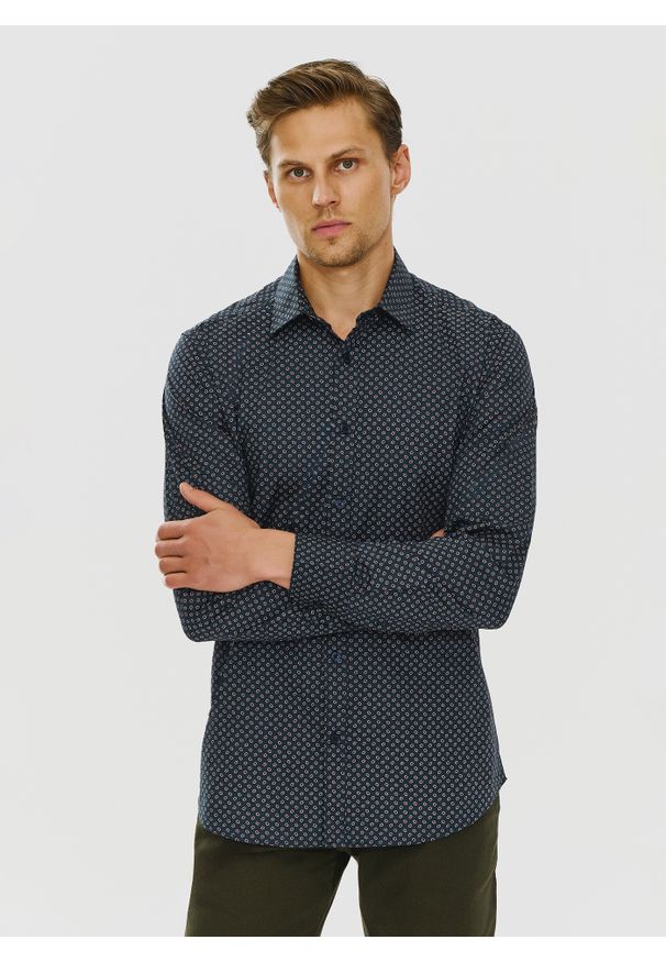 PAKO LORENTE – Koszula w kolorze granatowym w mikrowzór P24SF-1X-028-G-S - Pako Lorente. Okazja: na co dzień. Kolor: niebieski. Materiał: jeans, elastan. Styl: casual