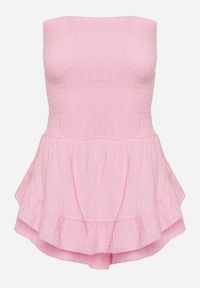 Born2be - Różowy Kombinezon z Bawełny z Elastyczną Gumką w Talii i Falbanką Olialia. Okazja: na spacer. Kolor: różowy. Materiał: bawełna. Sezon: lato #4