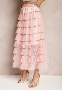 Renee - Różowa Rozkloszowana Spódnica Maxi z Falbankami i Cekinami Noobi. Kolor: różowy. Materiał: materiał. Wzór: aplikacja. Styl: elegancki