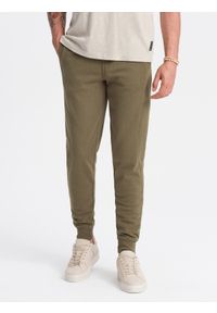 Ombre Clothing - Męskie bawełniane spodnie dresowe joggery BASIC – oliwkowe V2. Okazja: na co dzień. Kolor: oliwkowy. Materiał: dresówka, bawełna. Wzór: aplikacja. Styl: sportowy, casual, elegancki