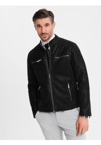 Ombre Clothing - Kurtka męska biker ze stójką w stylu retro – czarna V2. Typ kołnierza: kołnierzyk stójkowy. Kolor: czarny. Materiał: skóra, poliester, materiał. Styl: retro #8