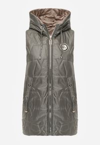 Renee - Zielona Długa Kamizelka Pikowana z Nieodpinanym Kapturem Ozdobiona Naszywką Kasseda. Okazja: na co dzień. Kolor: zielony. Materiał: poliester, jeans. Długość: długie. Wzór: aplikacja. Styl: casual #4