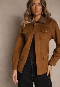 Renee - Brązowa Kurtka Koszulowa Barn Jacket z Kieszeniami na Napy Tilusea. Okazja: na co dzień. Kolor: brązowy. Materiał: jeans. Styl: elegancki, casual