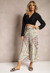 Renee - Miętowe Szerokie Spodnie Culottes z Mozaikowym Wzorem i Gumką w Pasie Mizina. Kolor: beżowy. Materiał: wiskoza. Sezon: lato. Styl: boho