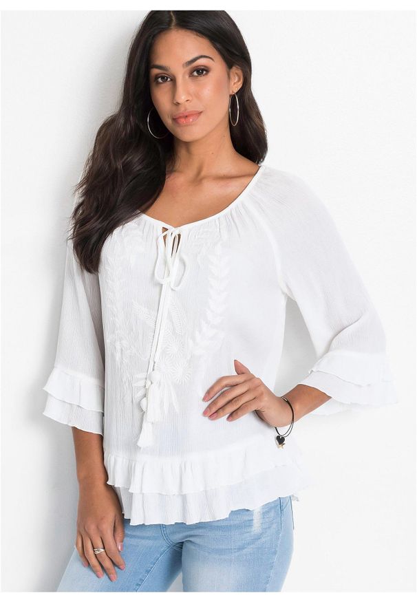 bonprix - Tunika z haftem. Kolor: biały. Wzór: haft. Styl: boho