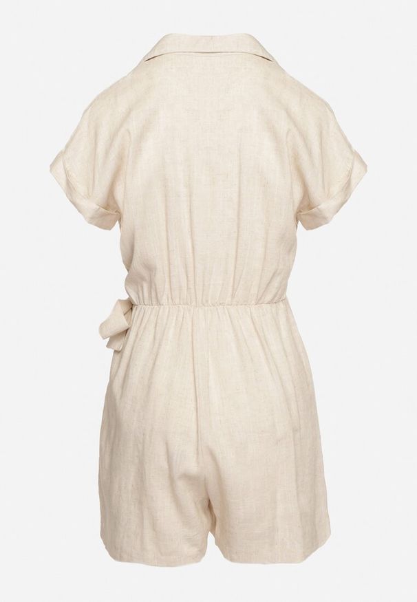 Born2be - Jasnobeżowa Kopertowa Sukienka Kombinezon Letnia Mini z Bawełny i Lnu Liorra. Kolor: beżowy. Materiał: len, bawełna. Długość rękawa: krótki rękaw. Długość: krótkie. Sezon: lato