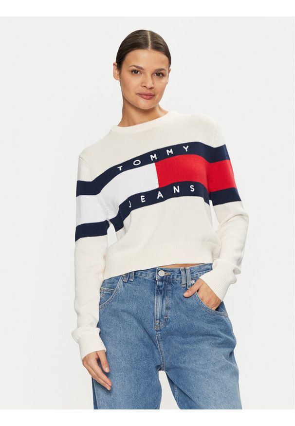 Tommy Jeans Sweter Center Flag DW0DW19335 Écru Regular Fit. Materiał: bawełna