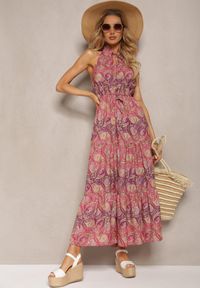 Renee - Fioletowo-Różowa Sukienka w Stylu Boho Bez Rękawów z Gumką w Pasie i Wiązaniem przy Dekolcie Yisa. Kolor: fioletowy. Materiał: tkanina. Długość rękawa: bez rękawów. Sezon: lato. Styl: boho #5