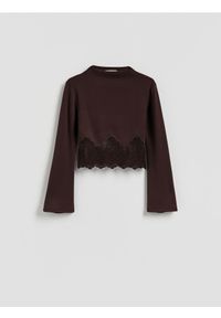 Reserved - Bluzka z koronką - ciemnobrązowy. Kolor: brązowy. Materiał: koronka. Wzór: koronka #1