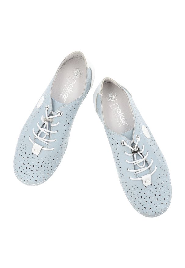 Półbuty damskie Rieker, ażurowa cholewka sznurowane lekka podeszwa wygodny codzienny fason, niebieskie, 43656-12. Okazja: na co dzień. Zapięcie: sznurówki. Kolor: niebieski. Materiał: jeans. Szerokość cholewki: normalna. Wzór: ażurowy. Styl: casual