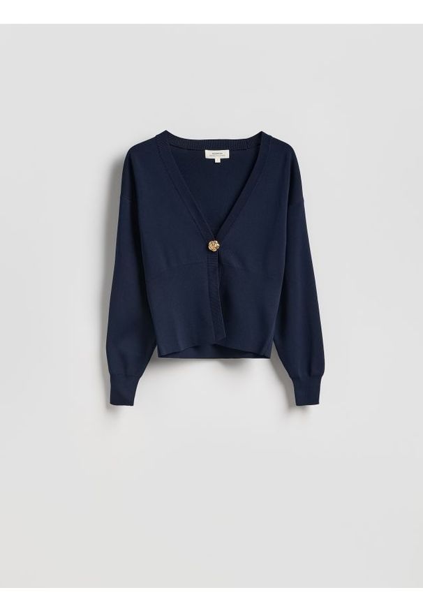 Reserved - Kardigan z ozdobnym zapięciem - granatowy. Kolor: niebieski. Materiał: wiskoza, dzianina