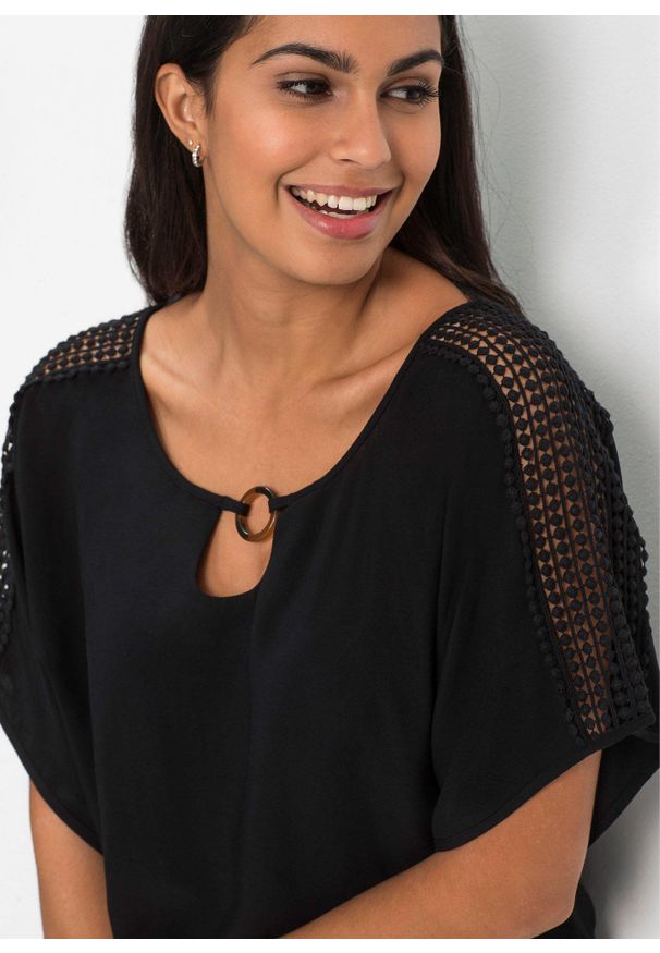 bonprix - Bluzka z czystej wiskozy. Kolor: czarny. Materiał: wiskoza, koronka. Długość rękawa: krótki rękaw. Długość: krótkie. Wzór: koronka