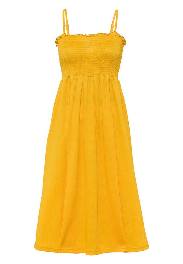 Sukienka z przeszyciem cienkimi gumkami bonprix żółty szafranowy. Kolor: żółty. Długość rękawa: na ramiączkach. Długość: midi