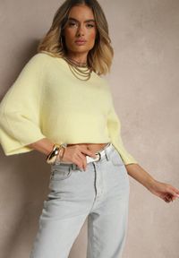 Renee - Żółty Sweter z Rękawami 3/4 z Wełną Dannalin. Okazja: na co dzień, na spotkanie biznesowe. Typ kołnierza: dekolt w łódkę. Kolor: żółty. Materiał: wełna. Długość rękawa: krótki rękaw. Długość: krótkie. Sezon: wiosna. Styl: biznesowy, klasyczny, elegancki, casual #4