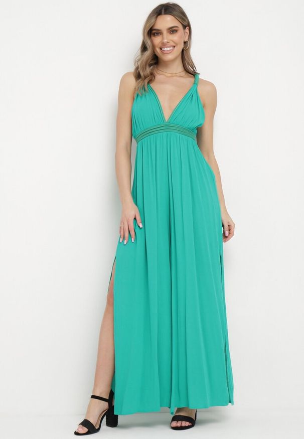 Born2be - Zielony Wiskozowy Kombinezon z Gumką w Pasie i Plecionym Sznurkiem z Lnem Evalin. Kolor: zielony. Materiał: wiskoza, len. Długość rękawa: na ramiączkach. Wzór: aplikacja