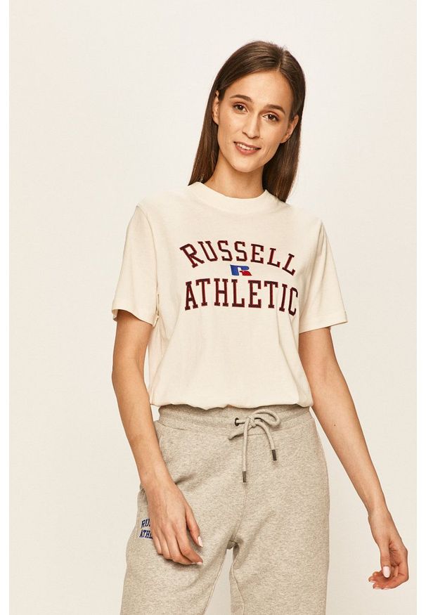 Russell Athletic - Russel Athletic - T-shirt. Okazja: na co dzień. Kolor: beżowy. Materiał: dzianina. Styl: casual